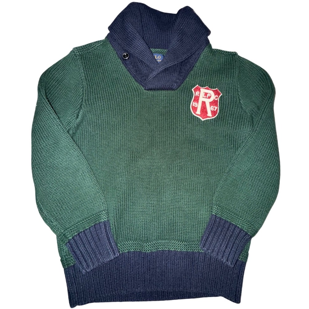 Polo Ralph Lauren Sweater 6 Green Navy Shawl Neck RLPC 1967 Crest Preppy Varsity